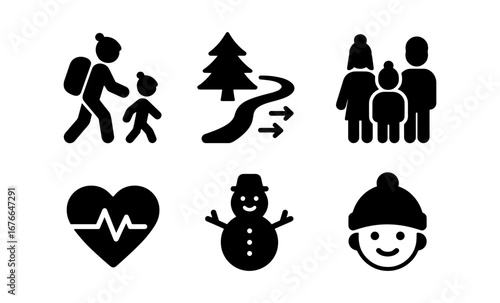 Family outdoor activities and winter fun icons collection