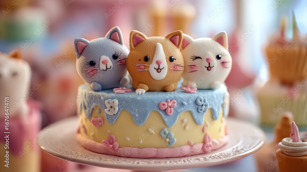 Fototapeta premium Adorable fluffy kitten celebrating birthday with colorful cake, balloons, and festive decorations in a cheerful party