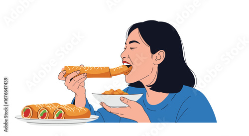 Enjoying delicious golden spring rolls freshly prepared with flavorful fillings