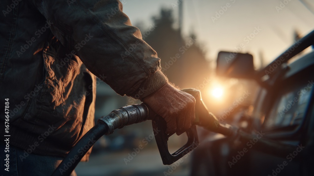 Obraz premium Rugged farmer refueling vehicle at sunrise, cinematic close-up of working hand with diesel pump in rural countryside scene