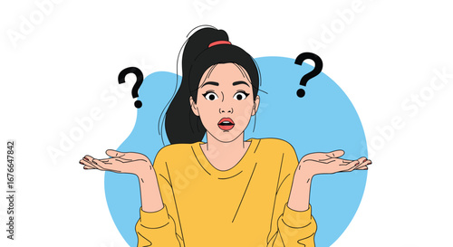Young woman expressing confusion and uncertainty with hands raised in a shrug gesture