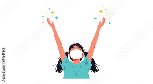 Young person in medical mask celebrating with arms raised surrounded by sparkles