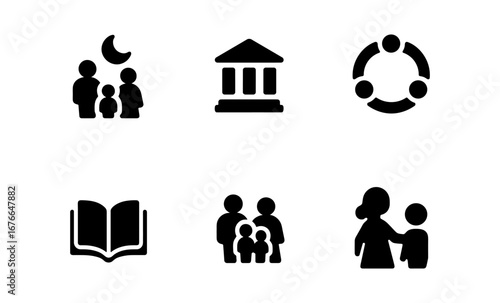 Family and education icons set featuring silhouettes of people, book, and community symbols