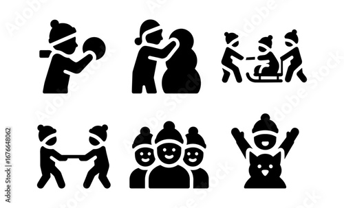 Winter fun icons: kids playing in snow with snowballs, snowman, and sledding activities