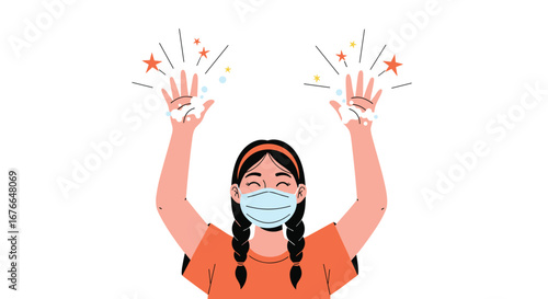 Girl wearing face mask raising hands with sparkles and soap bubbles demonstrating cleanliness and hygiene for health protection