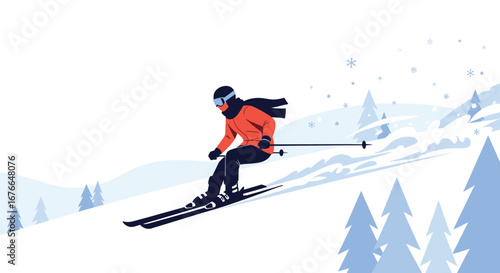 Active skier enjoying a snowy mountain slope with tall pines in the background