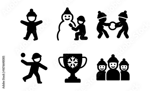Winter activities icons: snowman building, snowball fight, and more