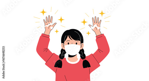 Young girl with braided hair wearing a face mask and showing clean hands with sparkling stars around them