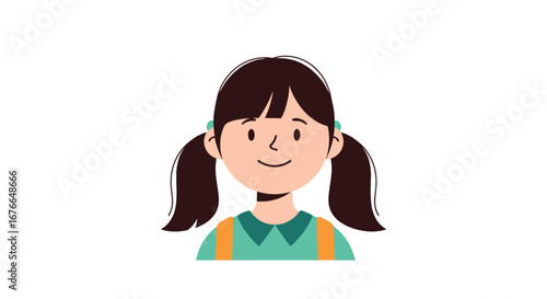 Cute animated little girl with ponytails wearing a backpack smiling happily ready for school adventure