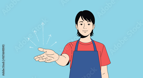 A young person wearing an apron with a red shirt underneath is holding out their hand and small particles are emanating from it
