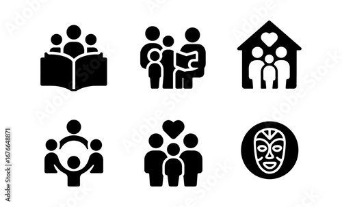 Family icon set: silhouettes of togetherness and care