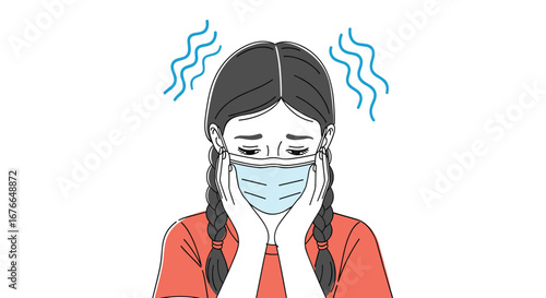 Young person feeling unwell wearing a face mask while feeling overheated and sweating heavily with concern