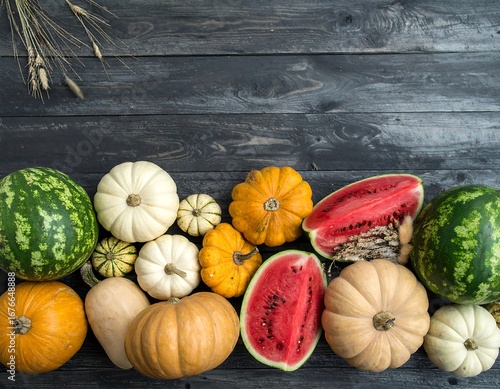 Autumn harvest of pumpkins and watermelons on dark wood
