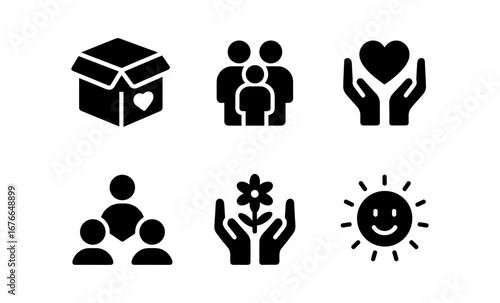 Minimalist family and care icons featuring heart, flower, and sun themes