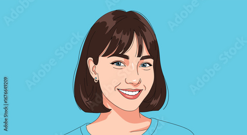 A smiling woman with short brown hair and blue eyes against a blue background