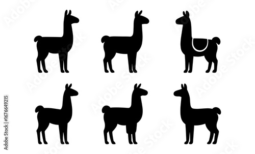 Set of llama silhouettes with various poses and styles
