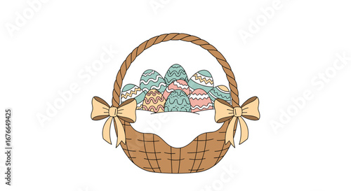 Charming easter basket filled with colorful painted eggs and decorative bows for spring celebrations