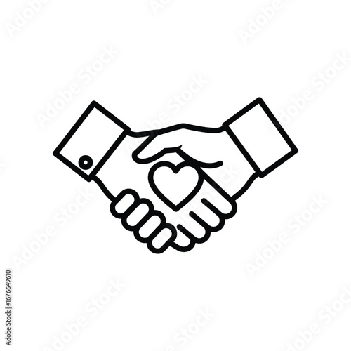Handshake of compassion: A symbolic representation of two hands clasped in a firm, trustworthy handshake, symbolizing unity, support, and the giving of love, with a heart placed centrally.