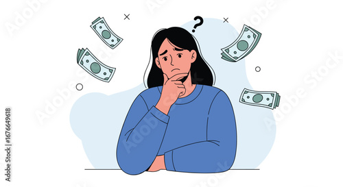 Financial uncertainty person pondering money worries over budgeting decisions and economic stress