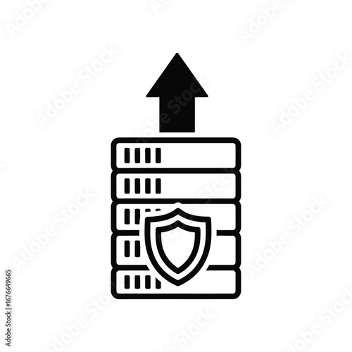 Data Security and Growth: A bold icon depicts a stack of servers, secured by a shield, with an upward arrow rising, representing secure data growth and robust protection of information in digital age.