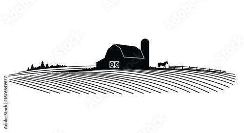 A black silhouette of a rural farm landscape with a barn and horse