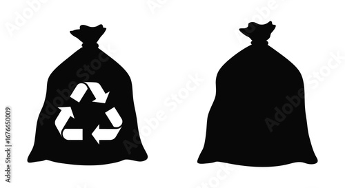 Black silhouette trash bags with and without recycling symbol on white background