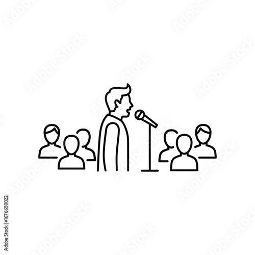 Public Speaking: A concise graphic line art illustration showing a confident speaker addressing an audience. The image reflects effective communication, idea sharing.