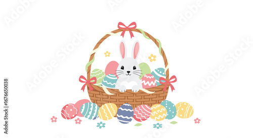 Adorable easter bunny sits inside a woven basket surrounded by colorful decorated eggs and spring flowers