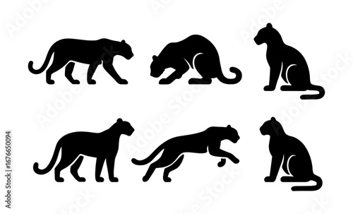 Silhouette big cats collection in various poses for wildlife graphics