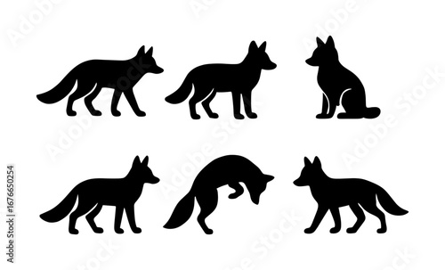 Silhouette set of foxes in various poses for design projects