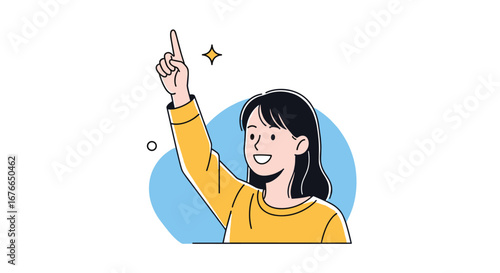 Happy person with finger pointing up showing a bright idea and success