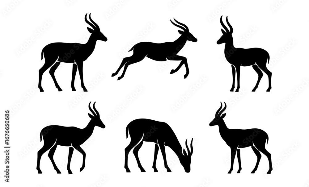 Fototapeta premium Silhouette antelope set: graceful poses in black silhouette art on white background