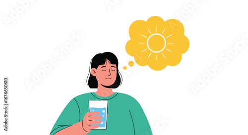 Dehydrated person thinks about feeling refreshed and cool on a sunny day