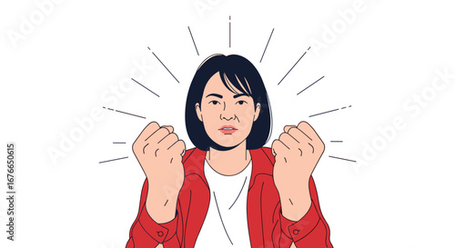 Young woman celebrates success with powerful fist pump and determined expression