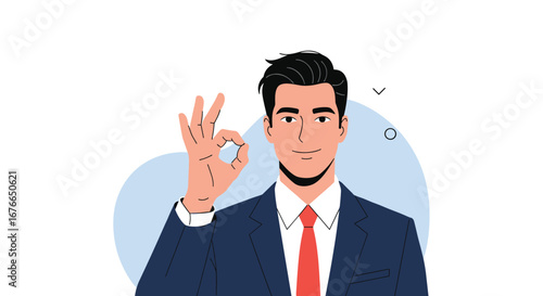 Confident businessman gesturing ok sign with a smile and blue circles in background