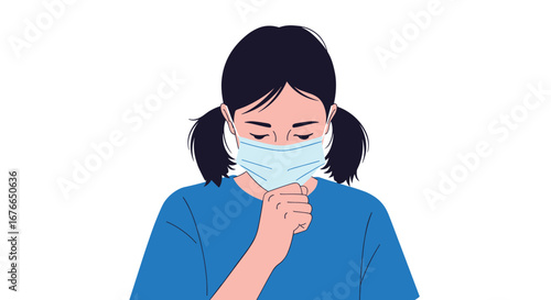 Young person coughing into mask protecting themselves from airborne illnesses and pollution
