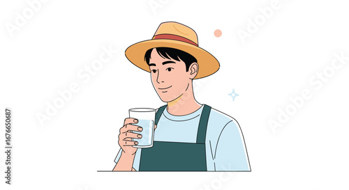 Young man in straw hat holding a spray bottle in a garden setting refreshing plants on a sunny day