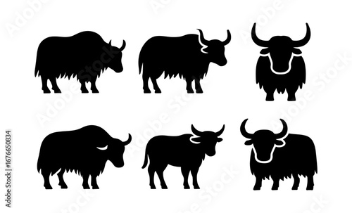 Silhouette collection of wild cattle illustrations featuring yaks and buffalos