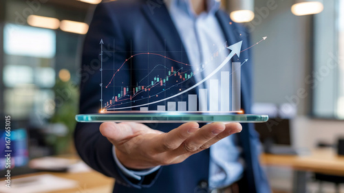 Business Growth and Financial Success Concept with 3D Holographic Chart and Rising Graph in Hand