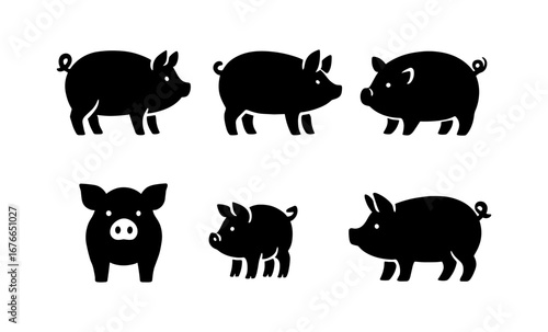 Silhouette pigs set: charming farm animals in black and white