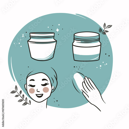 Flat minimalist vector illustration of skincare cream jars, woman applying facial cream with cotton pad, beauty and self care concept in soft pastel colors with abstract background and leaves
