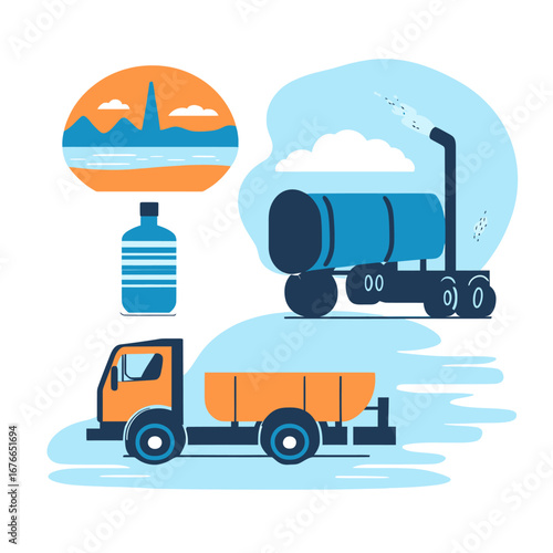 Water tanker truck delivering purified drinking water with large water bottle and stylized water landscape in flat minimalist vector style