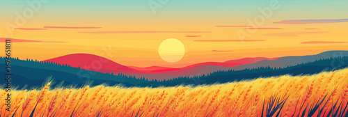 Golden wheat field sunset landscape with bright sun low on horizon and distant forested hills silhouette in flat minimalist style vector illustration