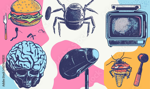 Abstract brutalism style burger ice cream brain skull spider insect vintage television microphone dotted grunge vector illustration design