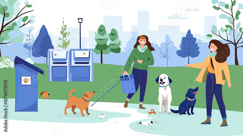 People walking and playing with dogs in park with man and woman cleaning dog waste at public waste station flat vector illustration
