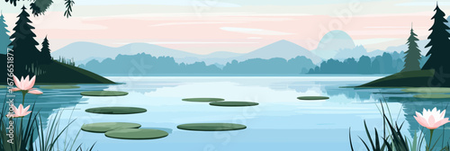 Serene calm lake with floating lily pads pink lotus flowers grassy shores pine trees misty mountains soft pastel sky minimalist flat vector landscape in tranquil nature setting