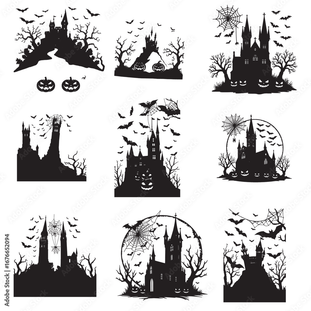 Obraz premium Spooky Halloween Jack-O’-Lantern Silhouettes | Creepy Ghosts, Bats & Pumpkins Vector Set