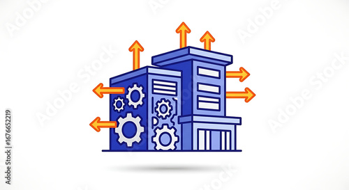 Illustration of a blue building with gears and orange arrows on a white background design concept