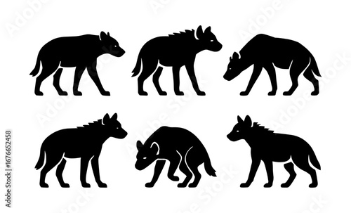 Silhouette set of hyenas in various poses on white background
