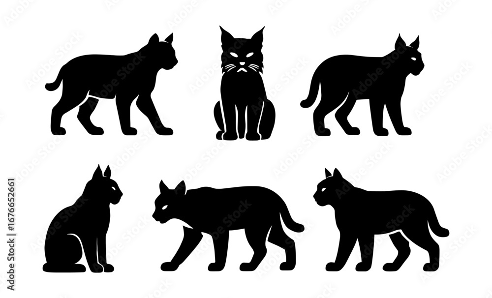 Fototapeta premium Silhouette wildcat collection: lynx and bobcat poses in minimalist design